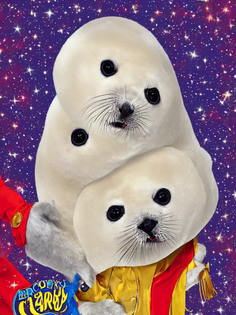 Image similar to baby harp seal at the circus, in the style of barnum and bailey, ringling brothers circus, circus, poster