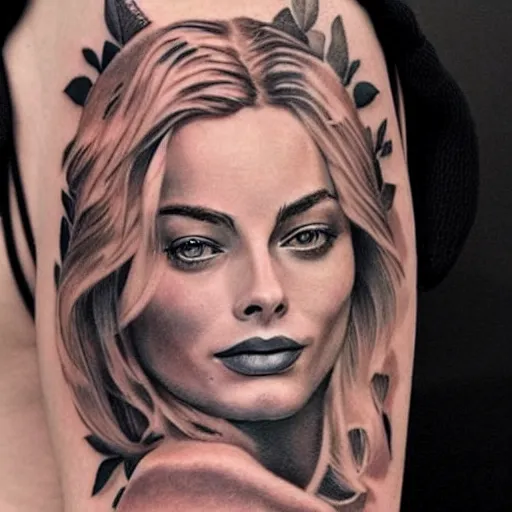 Image similar to realism tattoo design of margot robbie and beautiful mountains mash up, in the style of arlo dicristina, amazing detail, face morph