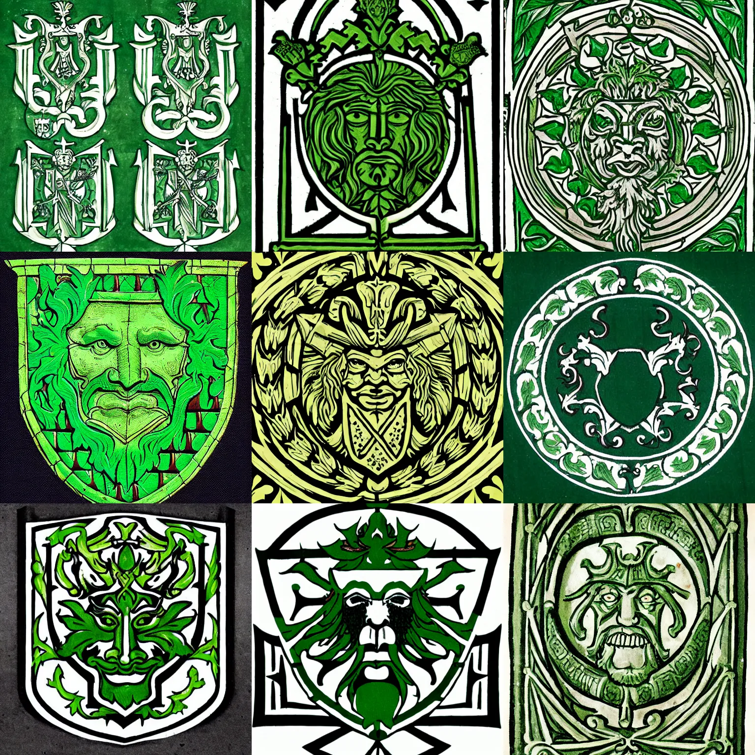 Prompt: medieval green man heraldry, horizontally symmetrical,
