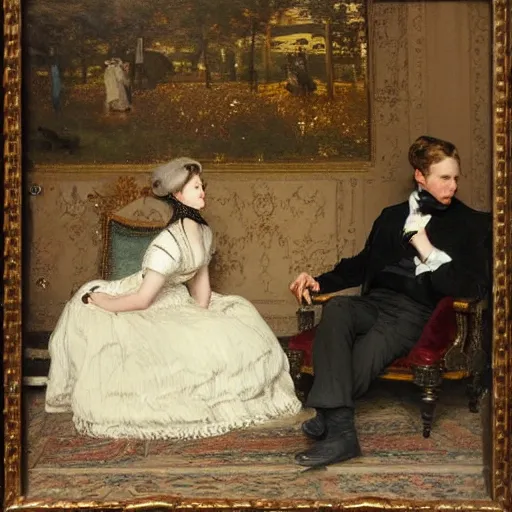 Image similar to young victorian man and woman solving an escape room riddle, sitting, thinking painted by alfred stevens