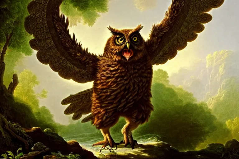 Prompt: beautiful ultradetailed photograph of an angry owlbear charging toward the camera through a forest featured in national geographic, dungeons and dragons, in the style of Asher Brown Durand, thomas cole