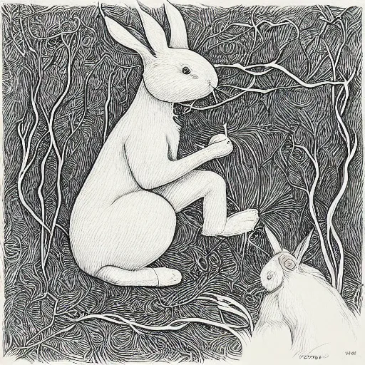 Image similar to precisely drawn, fine detailed, intense line work, drawing of a white bunny smoking a big cigarette in the deep tangled forest, by edward gorey, 3 d isotmetric, black ink on white paper