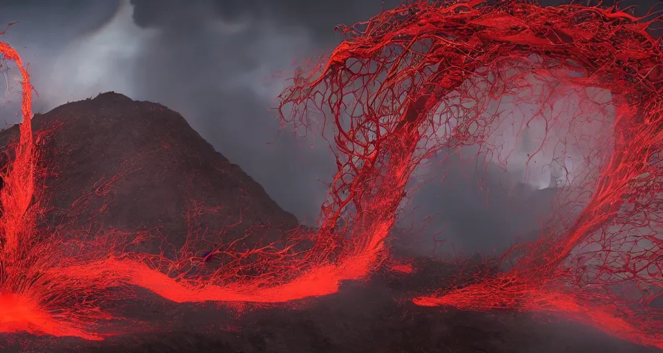 Prompt: a volcano made of ivory vines and crimson rocks enters in eruption, it spits a smoke in the shape of demonic eye, from Magic the gathering