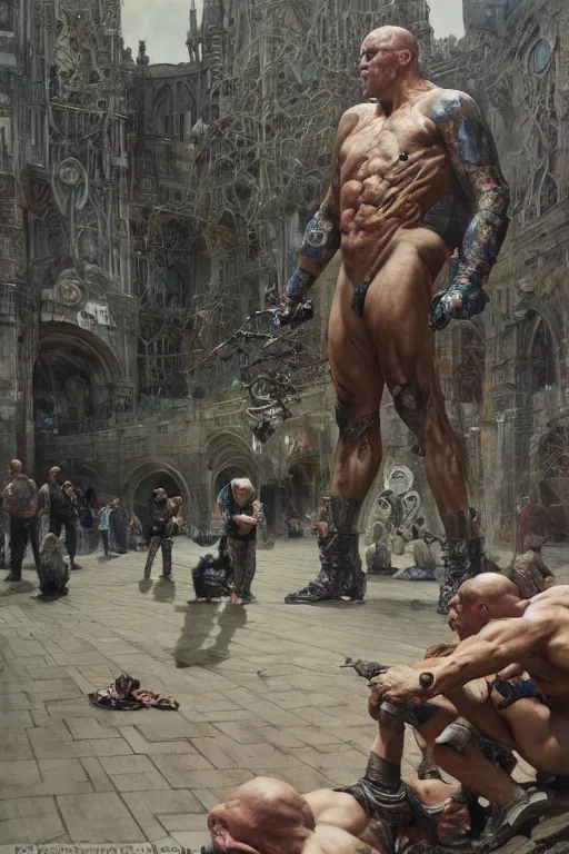 Image similar to scientists in a plaza observe a martyn ford as a huge bipedal brute wearing armour, painted by ruan jia, raymond swanland, lawrence alma tadema, zdzislaw beksinski, norman rockwell, jack kirby, tom lovell, alex malveda, greg staples