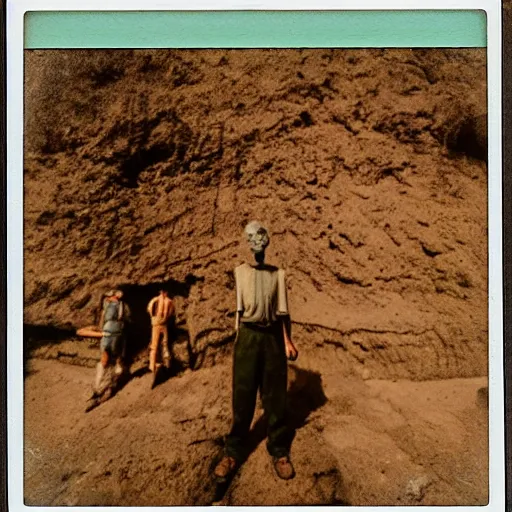 Prompt: tiny people in front of a massive statue inside of a huge mine, dark, old polaroid, expired film, surreal, megalophobia,