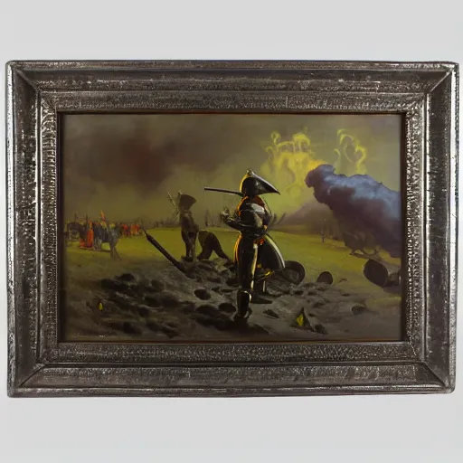 Prompt: oil painting of a ground covered in medieval silver soldier corpses, war, storm dawn, jewels flying by Frank Frazetta, by Georgia O Keeffe