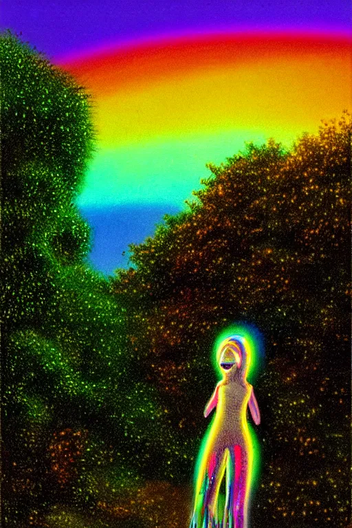 Prompt: a hyperrealistic detailed image of a fiberoptic light rainbow colored iridescent transparent creature in the bushes of a suburban neighborhood on a sunset evening, depth perspective, depth of field, cinematic angle, by chris cunningham and richard corben, highly detailed, vivid color,