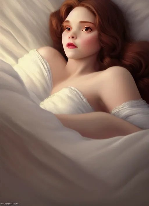 Image similar to young woman beautiful face : : white peignoir : : lie in bed at night : : weta disney pixar movie still photo : : decadent highly - detailed digital painting, very soft light, full length shot, golden ratio, octane render, artstation, smooth, sharp focus, artgerm, mucha, loish, wlop, gogo