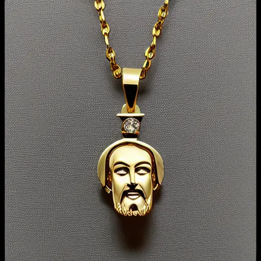 Prompt: gold jesus piece head pendant with diamonds and enamel