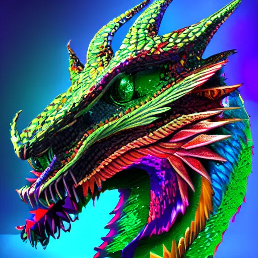 Prompt: a dragon made of colorful sequins, photorealistic, psychedelic, 8 k, trending on artstation