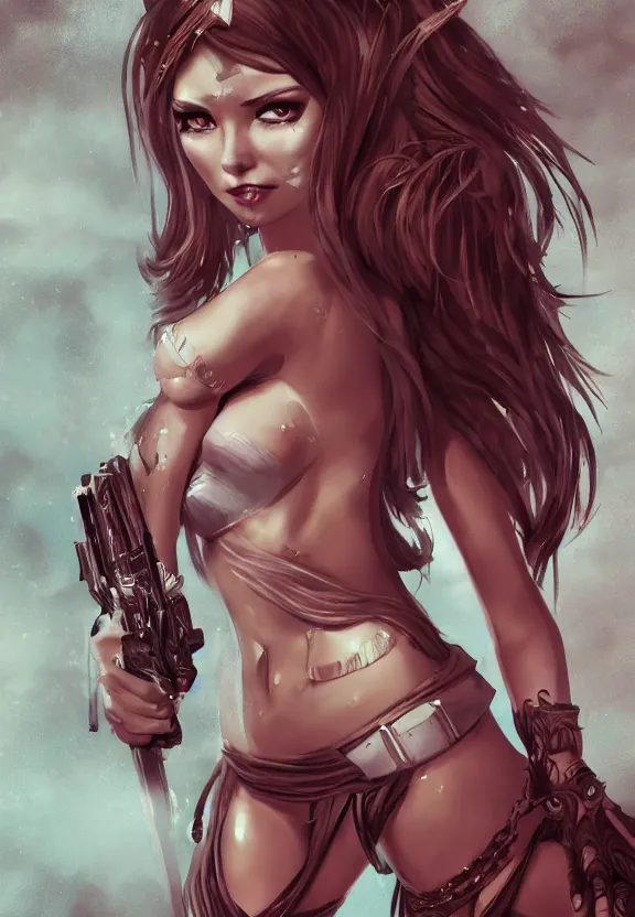Prompt: mad warrior seductive girl concept art, character in the middle, short dress, detailed eyes, symmetrical, rule of three, detailed body, full body, detailed face, ultradetailed digital illustration, 8 k, epic atmosphere, digital art by simon cowell and rachel walpole