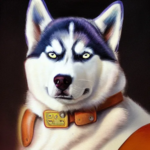 Image similar to a portrait painting of a husky in cowboy costume, wearing a cowboy hat, by studio ghibli, humanoid, personify, anthropomorphic, trending on artstation