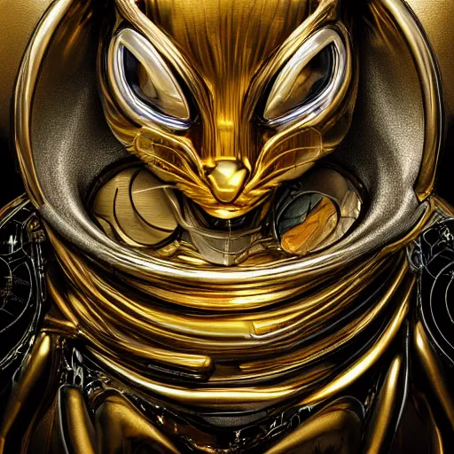 Image similar to gold and silver tones, cybernetic cat, style of moebius, james jean, rutkowski, cinematic, high detail, award winning, 8 k photorealistic