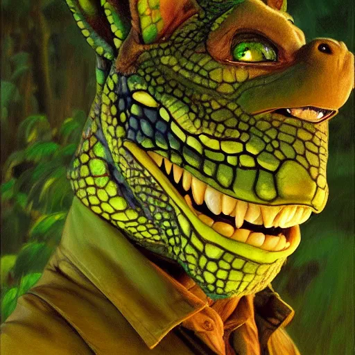 Prompt: a portrait of a male green reptile in farmer clothes at night in a dark forest. zootopia fursona furaffinity furry art detailed face painting by gaston bussiere craig mullins jc leyendecker gustav klimt artgerm greg rutkowski furry