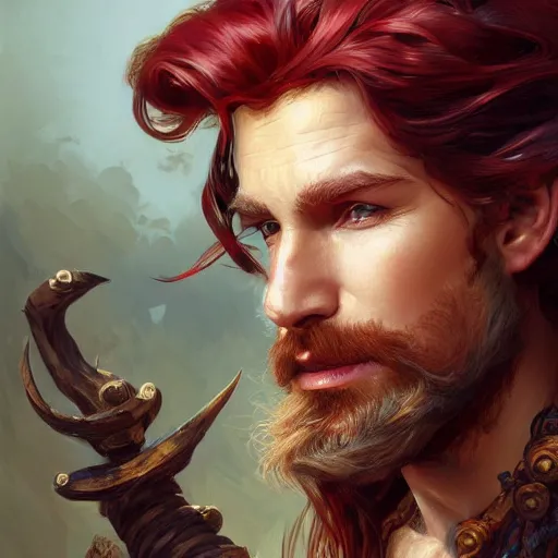 Image similar to portrait of a young ruggedly handsome but joyful pirate, male, masculine, upper body, red hair, long hair, d & d, fantasy, intricate, elegant, highly detailed, digital painting, artstation, concept art, matte, sharp focus, illustration, art by artgerm and greg rutkowski and alphonse mucha