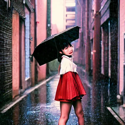 Image similar to 1990s perfect 8K HD professional cinematic photo of close-up japanese schoolgirl posing in sci-fi dystopian alleyway at morning during rain, at instagram, Behance, Adobe Lightroom, with instagram filters, depth of field, taken with polaroid kodak portra