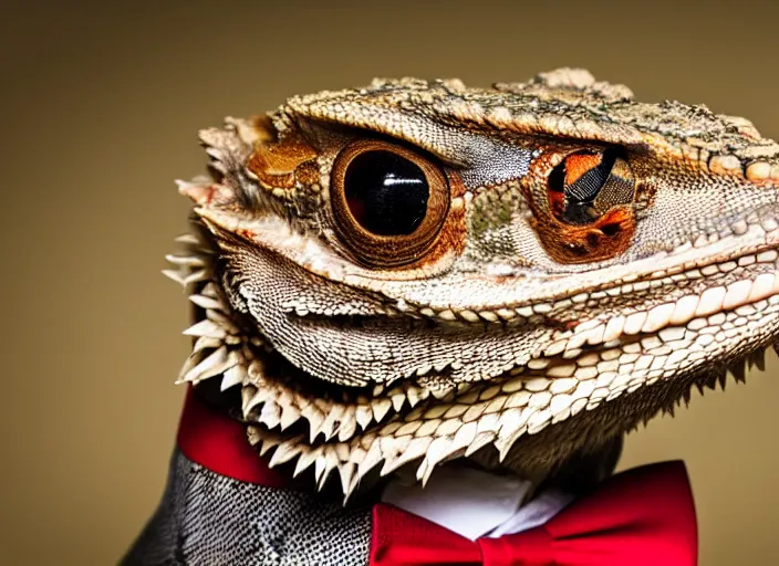 Image similar to dslr portrait still of a bearded dragon wearing a top hat and a red bowtie, 8 k 8 5 mm f 1. 4