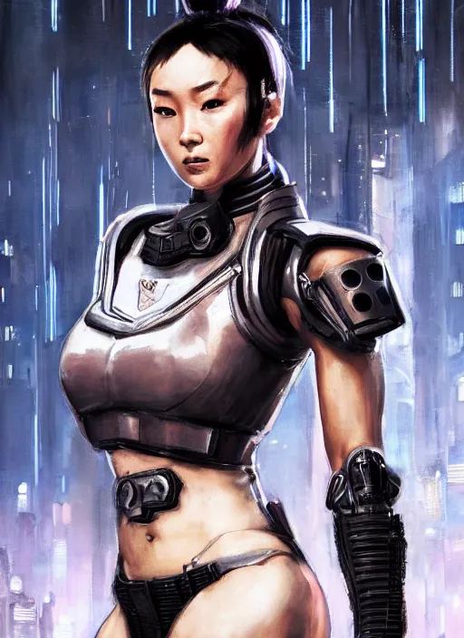 Image similar to chun li. cyberpunk police trooper in a military vest ( blade runner 2 0 4 9, cyberpunk 2 0 7 7 ). orientalist portrait by john william waterhouse and james gurney and theodore ralli and nasreddine dinet, oil on canvas. cinematic, hyper realism, realistic proportions, dramatic lighting, high detail 4 k