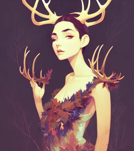 Image similar to portrait of a beautiful queen of the forest with antlers in complex and shiny dress made by leaf and flower, by ross tran and atey ghailan, by greg rutkowski, by greg tocchini, by james gilleard, by joe fenton, by kaethe butcher, dynamic lighting, grunge aesthetic