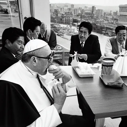 Prompt: big smoke from gta eating mc donalds with the pope and shinzo abe, photo by slim aarons, award winning