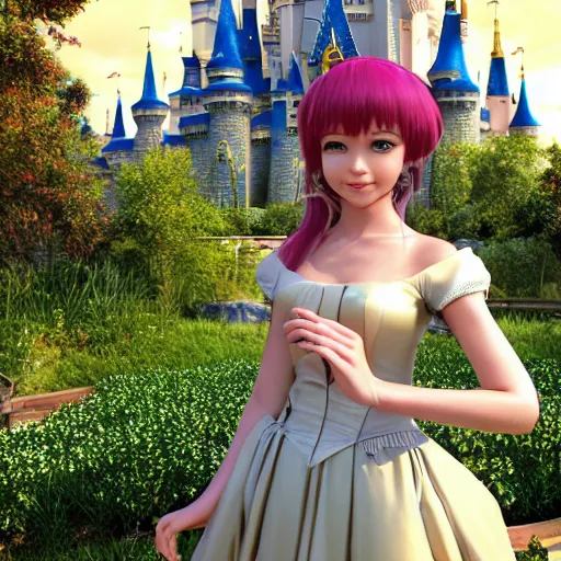 Image similar to a very detailed, ultra-realistic, pleasant, beautiful, funny, smooth 3D CG render, semirealistic anime style, close-up of a gorgeous, cute, gentle, noble priestess magician princess girl wearing dress and jewelry, in a glorious magic kingdom with castle and walls, relaxing calm vibes, fairytale, octane render