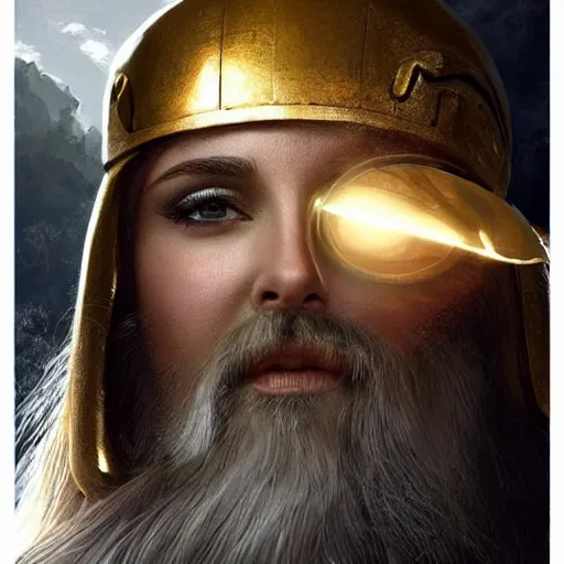 Image similar to Natalie Portman as ancient greek woman in golden helmet, giant grey-haired bearded George Clooney head in the sky, epic fantasy style art, fantasy epic digital art