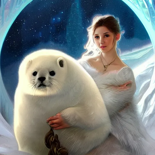 Prompt: portrait of omnipotent baby harp seal, ice and glaciers, arctic, fantasy, intricate, elegant, highly detailed, digital painting, smooth, sharp focus, illustration, art by artgerm and greg rutkowski and alphonse mucha