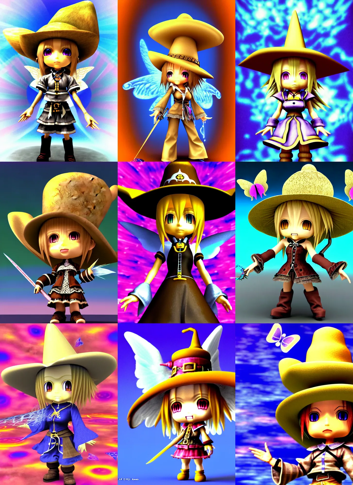 Prompt: 3d render of chibi wizard vivi final fantasy ix by Ichiro Tanida wearing a big cowboy hat and wearing angel wings against a psychedelic swirly background with 3d butterflies and 3d flowers n the style of 1990's CG graphics 3d rendered y2K aesthetic by Ichiro Tanida, 3DO magazine