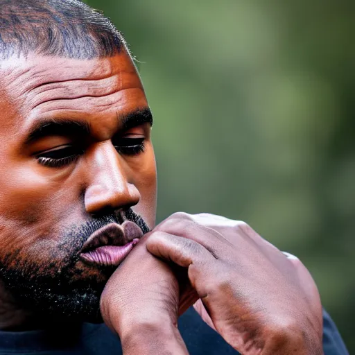 Image similar to dslr photo still of sad kanye west sitting on a park bench with a tear on his cheek, 8 k, 1 1 0 mm f 1 6