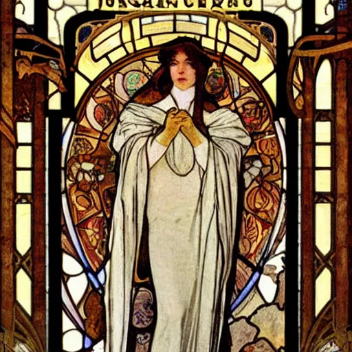 Image similar to johannes scotus erigena, mucha style,