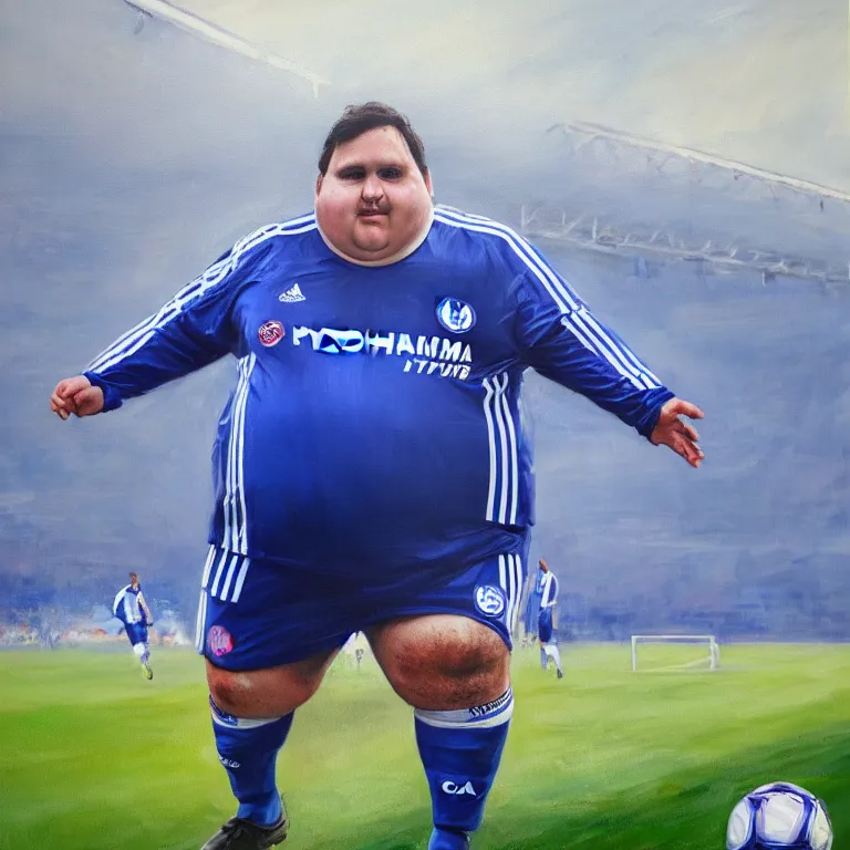 Prompt: a morbidly obese frank lampard in a chelsea soccer kit at a soccer stadium, oil on canvas, highly detailed, trending on artstation, sharp focus