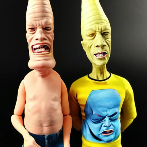 Prompt: conehead beavis and butthead, melting action figure self portrait