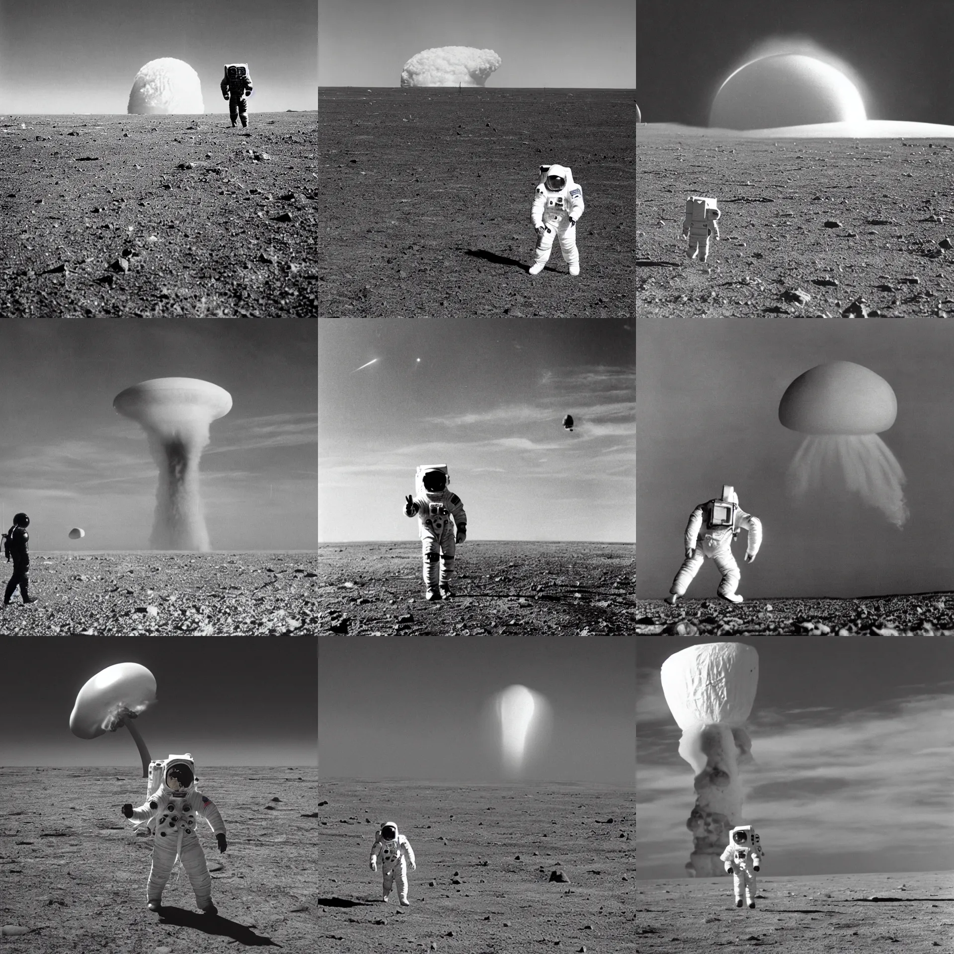 Prompt: a man wearing an astronaut suit walking on the surface of the earth, looking and approaching to the camera with a nuclear mushroom explosion in the background; black and white photograph