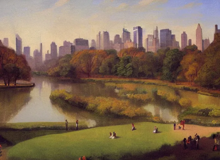 Prompt: central park, new york in 1 9 3 0 in the style of hudson river school of art, oil on canvas