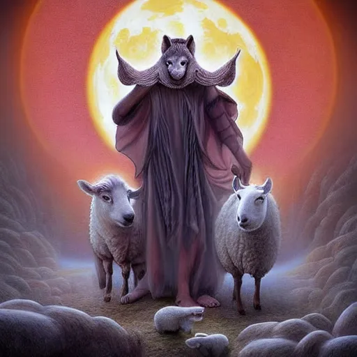 Image similar to an anthromorphic wolf jedi using the force to lift a sheep in a zen garden with a waterfall under the blood moon, by Adi granov and afarin sajedi and amanda sage and evgeni gordiets and Agostino Arrivabene and adonna khare in a psychedelic portrait style, ultrarealistic matte painting, volumetric lighting, fractal, extremely symmetrical, highly detailed face, orisha, 8k, hd