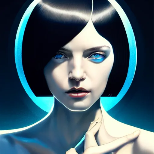 Image similar to woman with dark bobcut haircut with friendly blue eyes and slim features looking askance, eye cyberpunk bionics, retro futurist style, intricate, elegant gleaming jewelry, angelic halo, highly detailed, digital painting, artstation, concept art, smooth, sharp focus, illustration, art by wlop, mars ravelo and greg rutkowski,