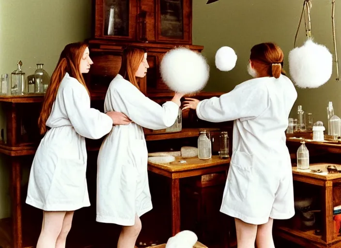 Image similar to realistic photo of a group of medieval female scientists wearing white shorts, beautiful faces covered with white plates, watching at a levitating fluffy furry cloud, in a living room laboratory with many wooden gadgets made of wood interior is made of wood 1 9 9 0, life magazine reportage photo, natural colors