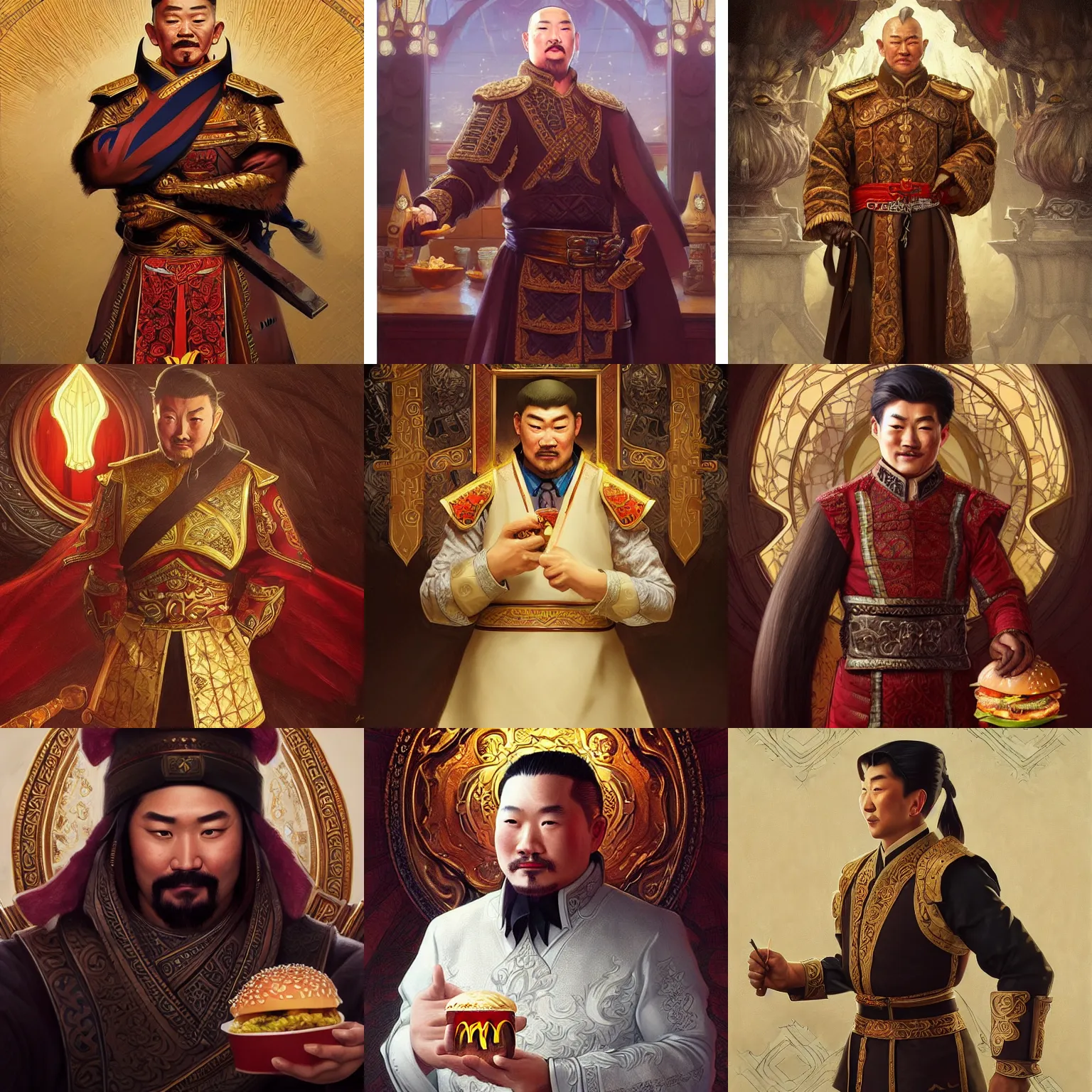 Prompt: picture of genghis khan, restaurant manager at mcdonalds, dark fantasy, intricate, elegant, highly detailed, digital painting, artstation, concept art, smooth, sharp focus, illustration, art by artgerm and greg rutkowski and alphonse mucha