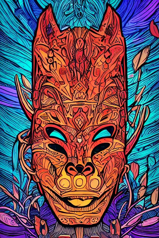 Image similar to animal mask totem roots flower tribal feather gemstone plant wood rock shaman vodoo video game vector cutout illustration vivid multicolor borderlands comics by josan gonzales and dan mumford radiating a glowing aura