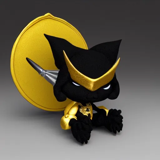 Image similar to cute fumo chibi plush imp, black and white with hearts, wearing the golden pauldron of the king in yellow, soft shadow, vray