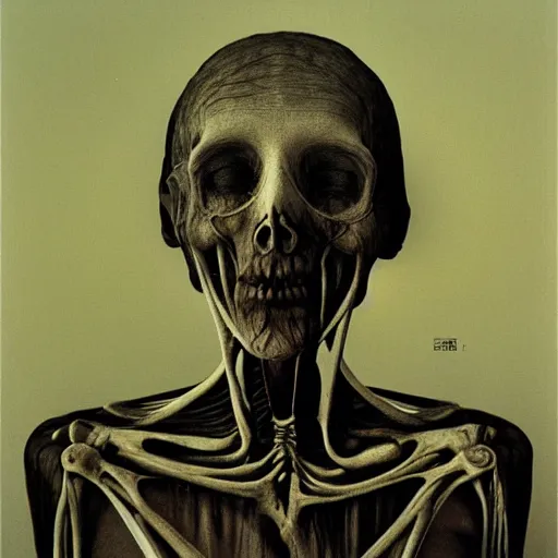 Image similar to portrait photo of a woman by Zdzislaw Beksinski, skeletal body, black eyes