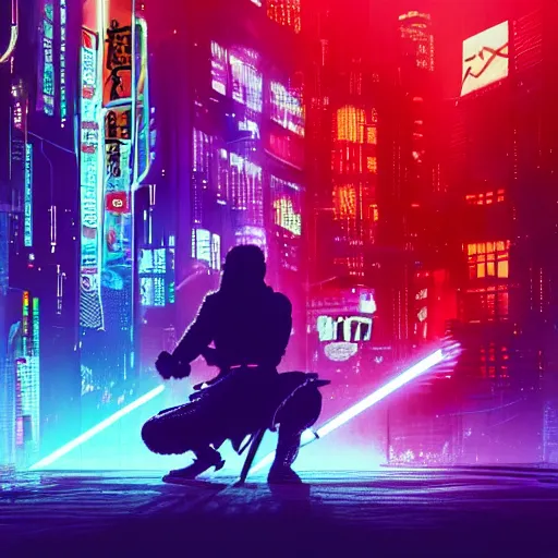 Image similar to silhouette of a samurai on his knees stabbing himself with a katana, blue and purple neon cubes coming out his body, cyberpunk rainy city at night, high quality, high detail, 4K, UHD, torii in the background, trending on ArtStation, blade runner vibes