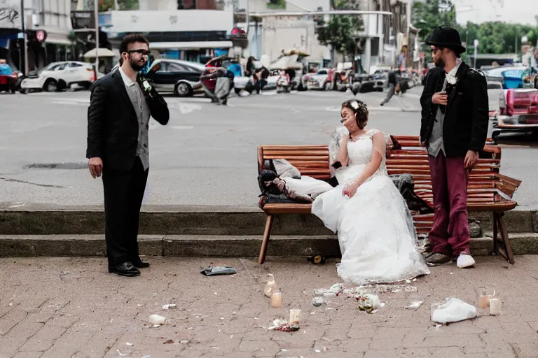 Image similar to wedding photography, two homeless people are getting married, homeless guests, professional photo