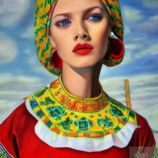 Image similar to hyperrealism oil painting of ukrainian model in vyshyvanka shirt