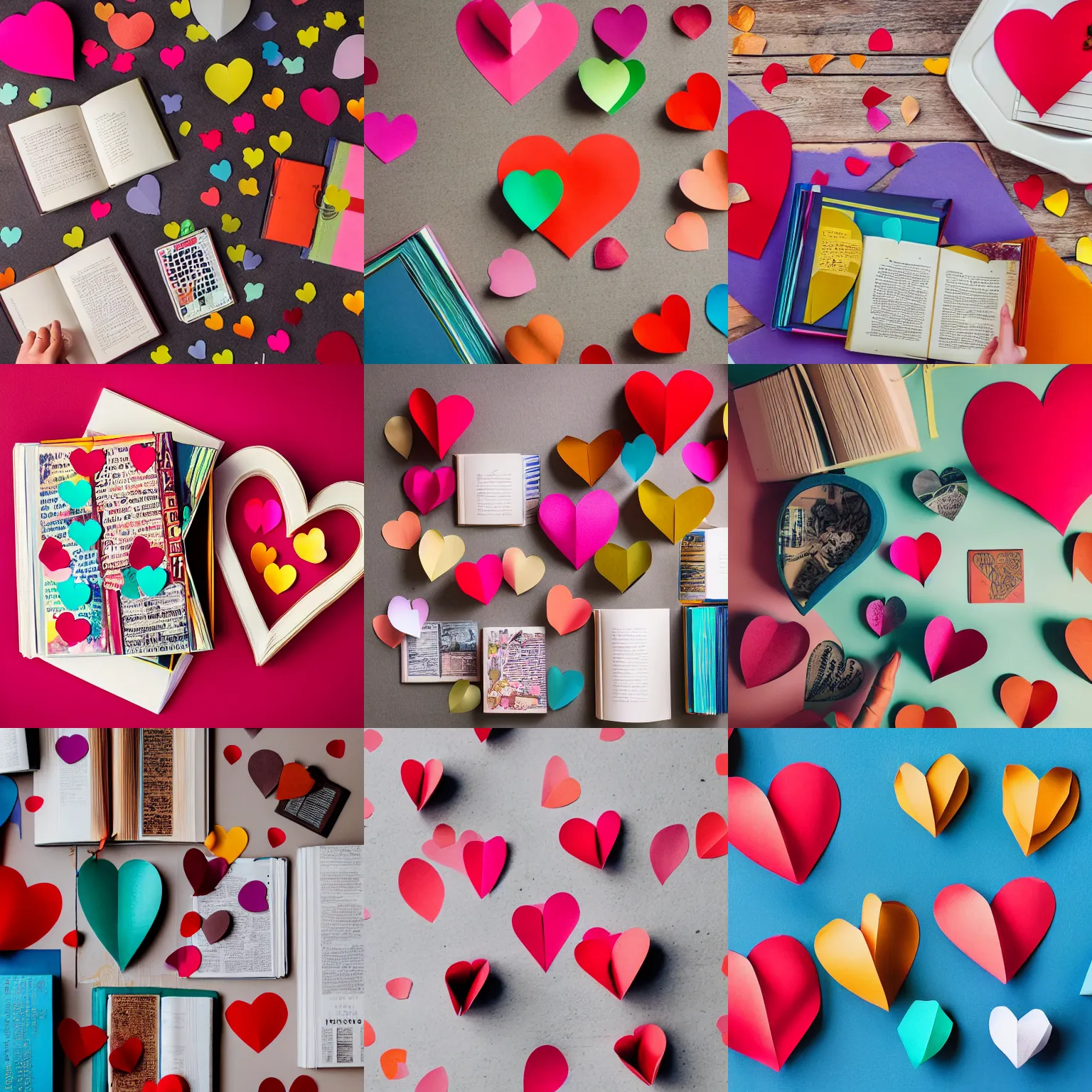 Prompt: flatlay book collection, vivid colors, dramatic lighting, paper hearts