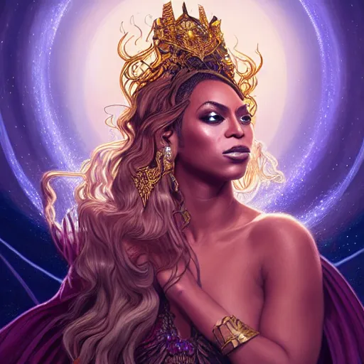 Prompt: Beyonce as a fantasy magic woman portrait, sci-fi, amber eyes, face, long hair, fantasy, intricate, elegant, highly detailed, digital painting, artstation, concept art, smooth, sharp focus, illustration, art by artgerm and greg rutkowski and alphonse mucha