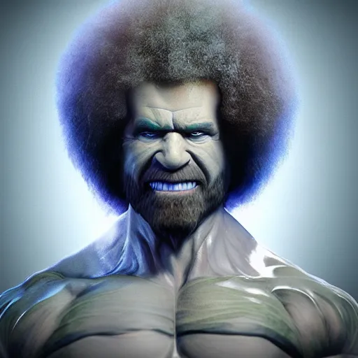 Image similar to photomanipulation of BOB ROSS as hulk with human flesh, marvel, fully detailed, volumetric lightening, octane render