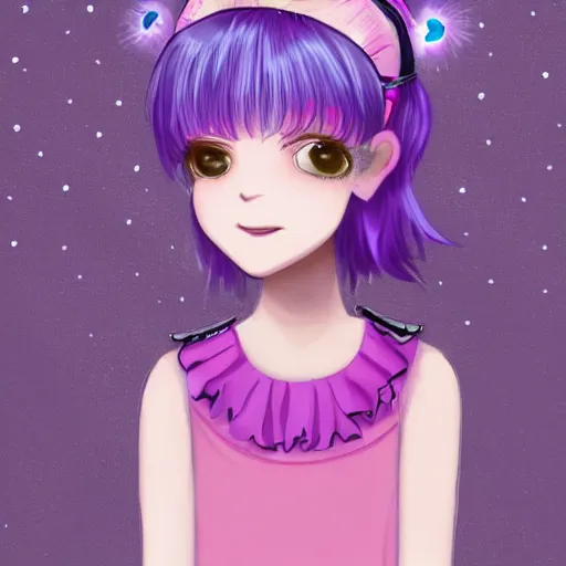 Image similar to girl with short wavy pink-purple hair with bangs, wears a black headband, has long eyelashes with dark eyes and smiling faintly, wears a long-sleeved blue blouse with frills, a long pink flare-skirt. looking sideways. Dark Digital art