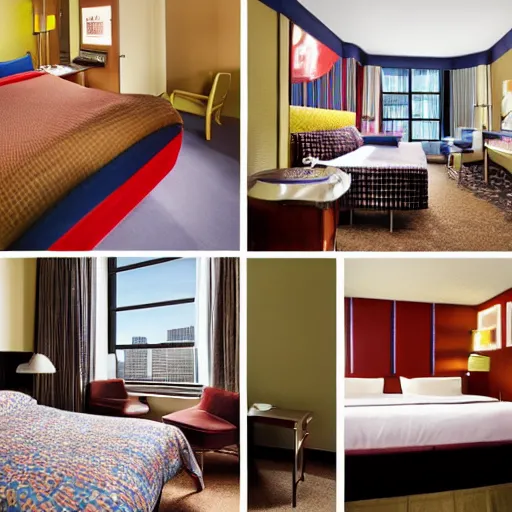 Prompt: photography of theme park hotel room themed to retro new york city motif. bed has new york city blankets. wall has new york city pattern. furniture has new york city motif. furniture is shaped like new york city. carpet has new york city subway map design. lighting has retro new york