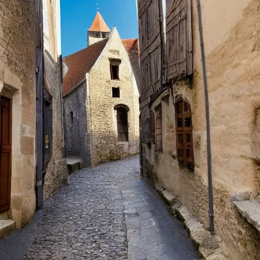 Prompt: a spaceship entering a medieval old city in france